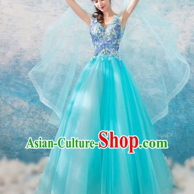 Top Grade Handmade Catwalks Costumes Compere Green Veil Full Dress for Women
