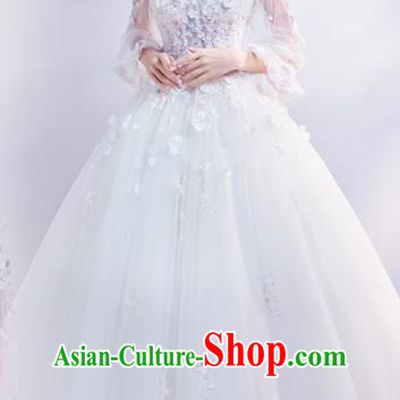 Top Grade Handmade Wedding Costumes Flat Shouders Wedding Gown Bride White Lace Full Dress for Women
