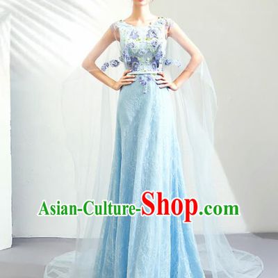 Top Grade Handmade Catwalks Costumes Compere Blue Full Dress for Women