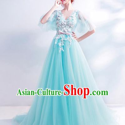 Top Grade Handmade Catwalks Costumes Compere Blue Lace Full Dress for Women