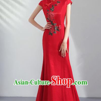 Chinese Traditional Wedding Cheongsam Embroidered Costume Compere Red Full Dress for Women