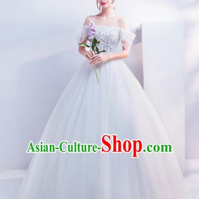 Top Grade Handmade Wedding Costumes Wedding Gown Bride White Flat Shouders Full Dress for Women