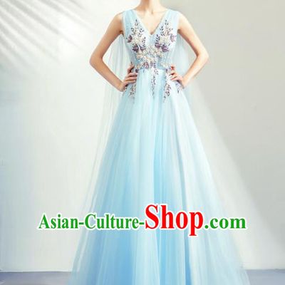 Top Grade Handmade Catwalks Costumes Compere Blue Veil Full Dress for Women