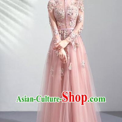 Top Grade Handmade Catwalks Costumes Compere Pink Veil Embroidered Full Dress for Women