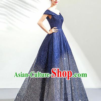 Top Grade Handmade Catwalks Costumes Compere Deep Blue Diamante Full Dress for Women