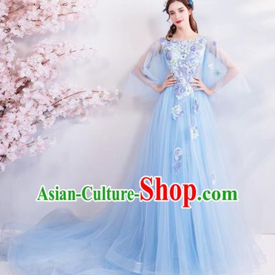 Top Grade Handmade Catwalks Costumes Compere Fairy Flowers Blue Full Dress for Women