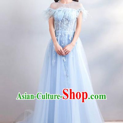 Top Grade Handmade Catwalks Costumes Compere Bride Blue Feather Full Dress for Women
