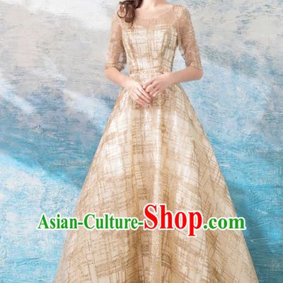 Top Grade Handmade Compere Costume Catwalks Golden Formal Dress for Women