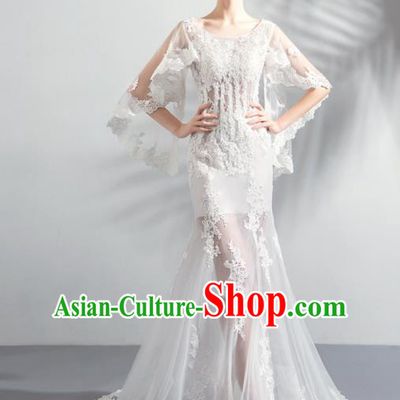 Top Grade Handmade Fancy White Lace Wedding Dress Princess Wedding Gown for Women