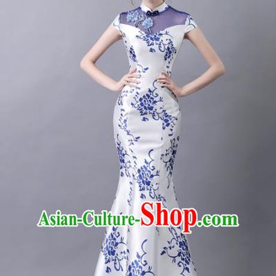 Chinese Traditional Cheongsam Costume Compere Full Dress for Women