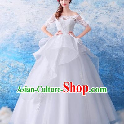 Top Grade Princess Fancy White Wedding Dress Handmade Wedding Gown for Women