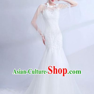 Top Grade Princess Fancy White Lace Wedding Mermaid Dress Handmade Wedding Gown for Women