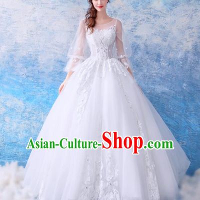 Top Grade Princess Fancy White Lace Wedding Dress Handmade Wedding Gown for Women