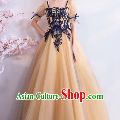 Top Grade Handmade Compere Costume Catwalks Yellow Veil Formal Dress for Women