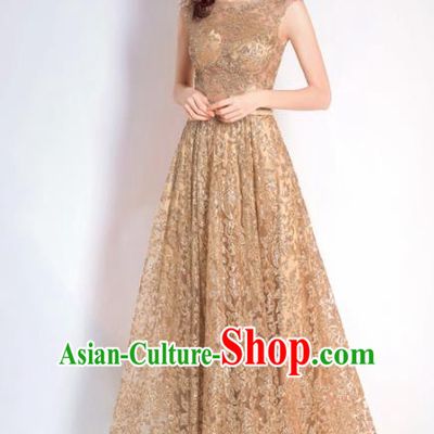 Top Grade Handmade Compere Costume Catwalks Golden Lace Formal Dress for Women