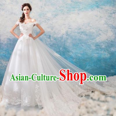 Top Grade Princess Trailing Wedding Dress Handmade Fancy White Wedding Gown for Women