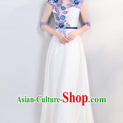 Chinese Traditional White Cheongsam Wedding Bride Costume Compere Full Dress for Women