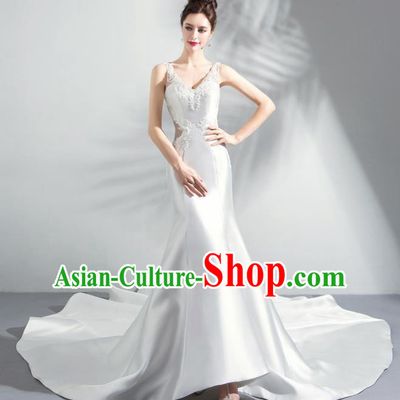 Handmade Top Grade Princess White Satin Wedding Dress Fancy Wedding Gown for Women