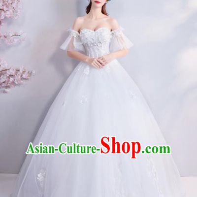 Top Grade Princess Flat Shouders Wedding Dress Handmade Fancy White Wedding Gown for Women