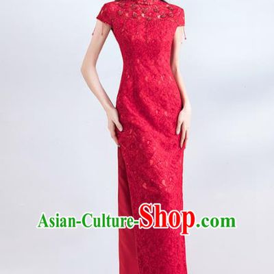 Chinese Traditional Red Cheongsam Wedding Bride Costume Compere Full Dress for Women