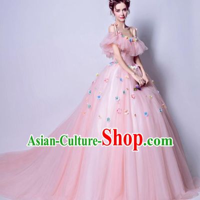 Top Grade Princess Pink Flat Shouders Wedding Dress Handmade Fancy Wedding Gown for Women