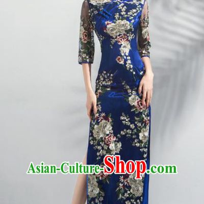 Chinese Traditional Blue Cheongsam Wedding Bride Costume Compere Full Dress for Women