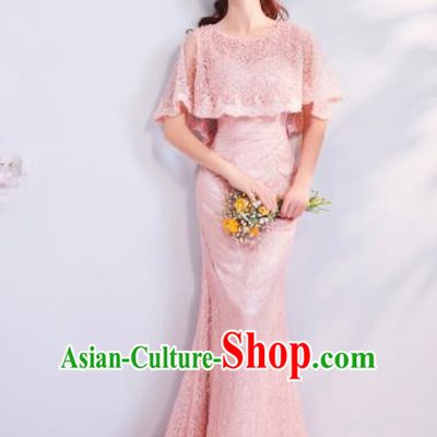 Top Grade Compere Formal Dress Handmade Catwalks Bride Pink Mermaid Full Dress for Women