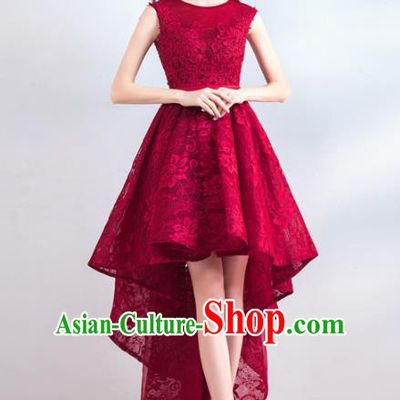 Top Grade Compere Costume Handmade Catwalks Bride Wine Red Lace Formal Dress for Women