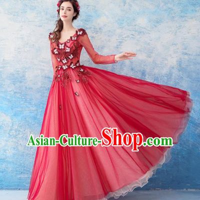 Handmade Princess Red Veil Wedding Dress Fancy Embroidered Wedding Gown for Women