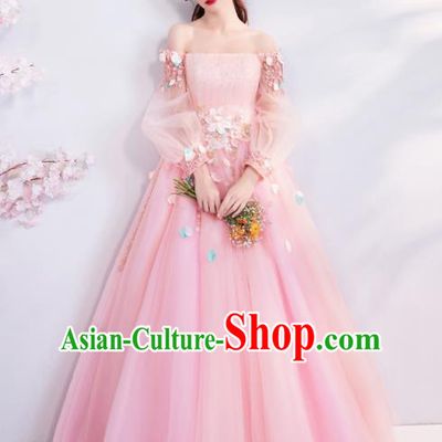 Handmade Princess Pink Veil Wedding Dress Fancy Embroidered Wedding Gown for Women
