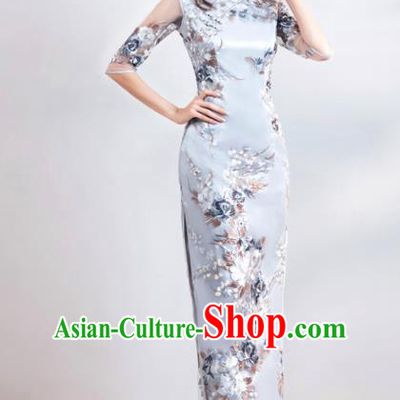 Chinese Traditional Cheongsam Costume Compere Grey Full Dress for Women