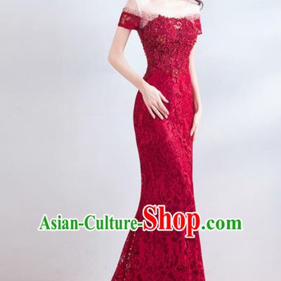 Top Grade Compere Wine Red Lace Costume Handmade Catwalks Formal Dress for Women