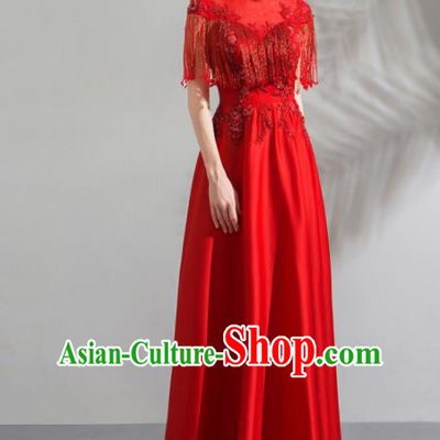 Chinese Traditional Red Cheongsam Costume Bride Compere Full Dress for Women