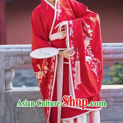 Ancient Chinese Han Dynasty Imperial Consort Costumes Embroidered Red Curving-front Robe for Women