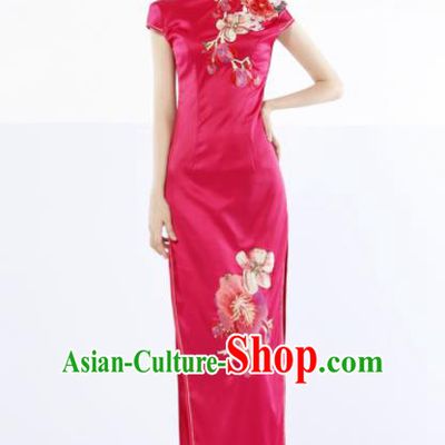 Chinese Traditional Rosy Silk Cheongsam Wedding Bride Costume Compere Full Dress for Women