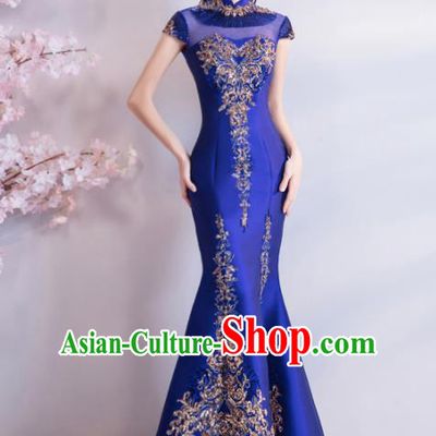 Chinese Traditional Royalblue Silk Cheongsam Wedding Bride Costume Compere Full Dress for Women