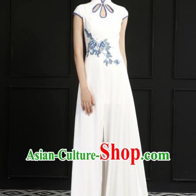 Chinese Traditional Chorus Cheongsam Wedding Bride Costume Compere Full Dress for Women