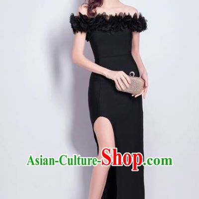 Top Grade Black Evening Dress Compere Costume Handmade Catwalks Angel Full Dress for Women