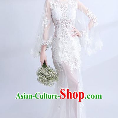 Handmade Princess White Lace Wedding Dress Top Grade Fancy Wedding Gown for Women
