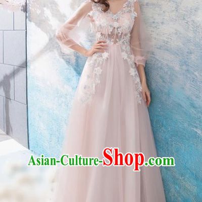 Top Grade Pink Evening Dress Compere Costume Handmade Catwalks Angel Full Dress for Women