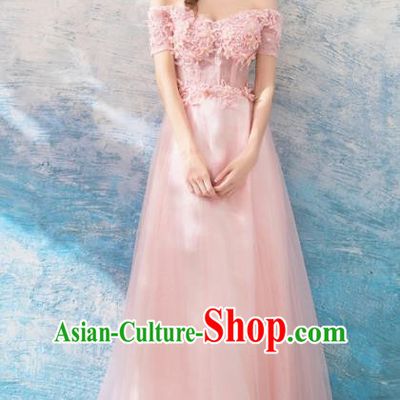 Top Grade Pink Flat Shouders Evening Dress Compere Costume Handmade Catwalks Angel Full Dress for Women