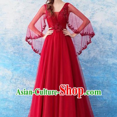 Top Grade Red Veil Evening Dress Compere Costume Handmade Catwalks Angel Full Dress for Women