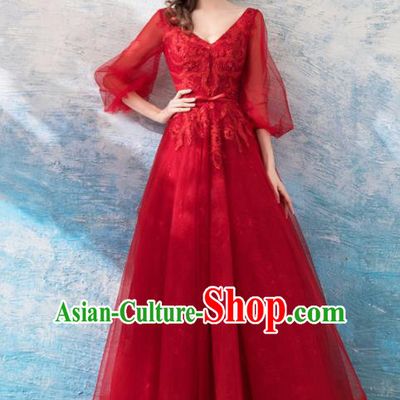 Top Grade Embroidered Red Veil Evening Dress Compere Costume Handmade Catwalks Angel Full Dress for Women