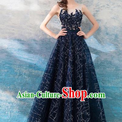 Top Grade Embroidered Navy Evening Dress Compere Costume Handmade Catwalks Angel Full Dress for Women