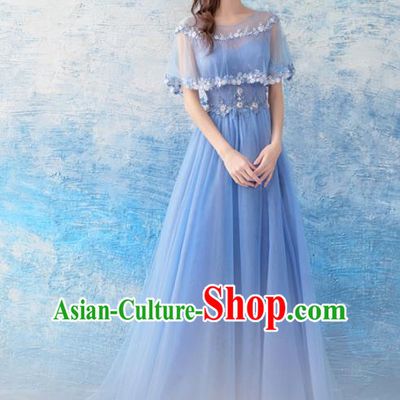 Top Grade Blue Veil Evening Dress Compere Costume Handmade Catwalks Angel Full Dress for Women