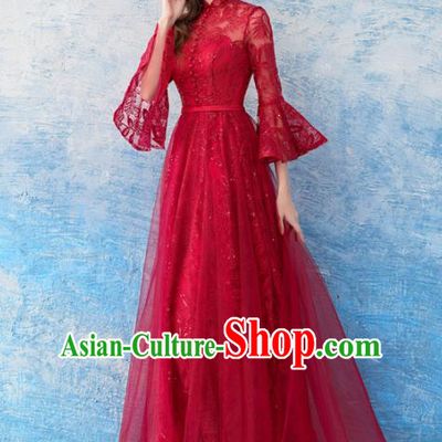 Top Grade Red Lace Evening Dress Compere Costume Handmade Catwalks Angel Full Dress for Women