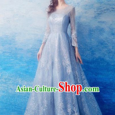 Top Grade Blue Evening Dress Compere Costume Handmade Catwalks Angel Full Dress for Women