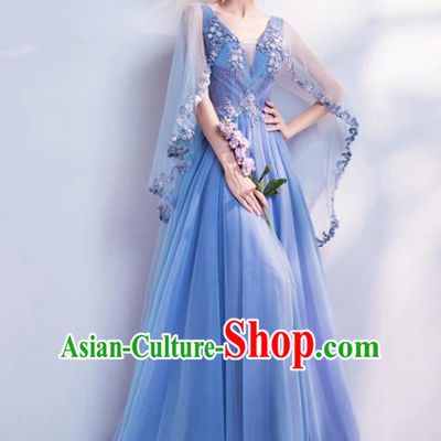 Handmade Blue Veil Evening Dress Compere Costume Catwalks Angel Full Dress for Women