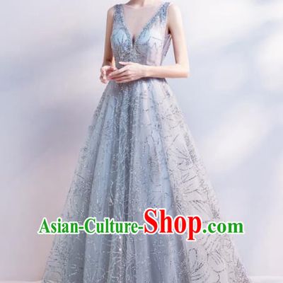 Handmade Grey Veil Evening Dress Compere Costume Catwalks Angel Full Dress for Women