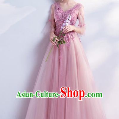 Handmade Pink Lace Evening Dress Compere Costume Catwalks Angel Full Dress for Women